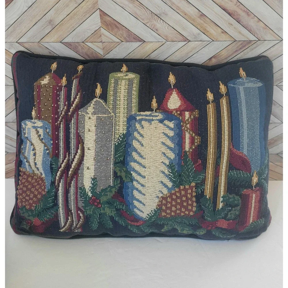 2 VTG Tapestry Throw Pillows Twas Night Before Christmas Candles Cushion Decor